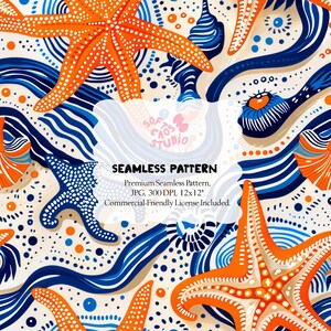 Può includere: Motivo senza cuciture con stelle marine arancioni, linee ondulate blu e bianche e piccoli punti blu e arancioni su sfondo crema. Il design include il testo "SEAMLESS PATTERN".