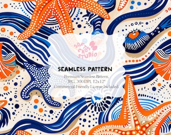 Patrón sin costuras de estrellas de mar y olas del océano con una llamativa ilustración costera de 30 x 30 cm, JPG, 300 ppp