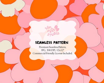Retro Floral Seamless Pattern, 70s Groovy Flower Pattern, Pink Orange Floral Fabric Print, Mid Century Digital Pattern JPG