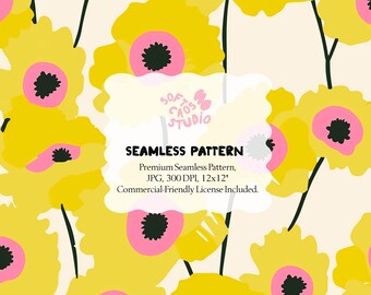 Yellow Pink Floral Seamless Pattern, Retro Mod Flower Digital Paper, Bold Floral Repeat Pattern for Fabric, Commercial Use JPG