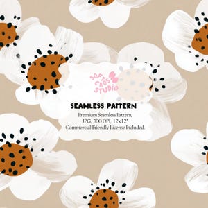 Könnte beinhalten: Nahtloses Muster mit großen weißen Blumen mit braunen Zentren und schwarzen Akzenten auf beigem Hintergrund. Das Design enthält den Text "SEAMLESS PATTERN" und weitere Details zum Bild.