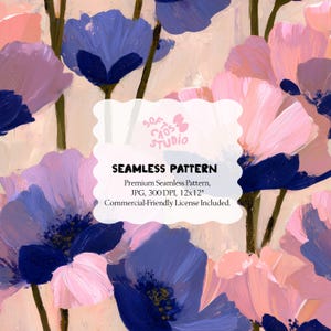 Könnte beinhalten: Nahtloses Blumenmuster mit stilisierten Blumen in Rosa-, Lila- und Blautönen. Das florale Design hat einen malerischen Stil mit sichtbaren Pinselstrichen. Der Text "SOFT 05 STUDIO" und "SEAMLESS PATTERN" ist enthalten.