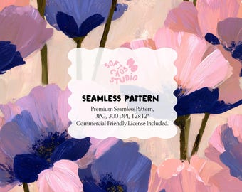 Patrón floral pictórico sin costuras, flores abstractas pintadas, patrón botánico moderno, diseño floral artístico de superficie, 30 x 30 cm, JPG, 300 ppp