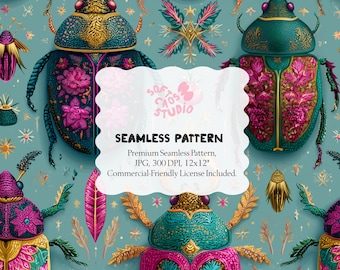 Jewel Beetle Seamless Pattern, Whimsical Insect Digital Paper, Magical Floral Bug Repeat Print, Fabric Pattern