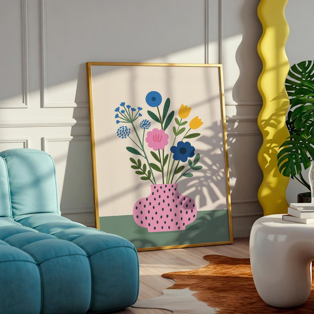 Colorful Flower Vase Wall Art, Modern Floral Print, Bold Botanical ...