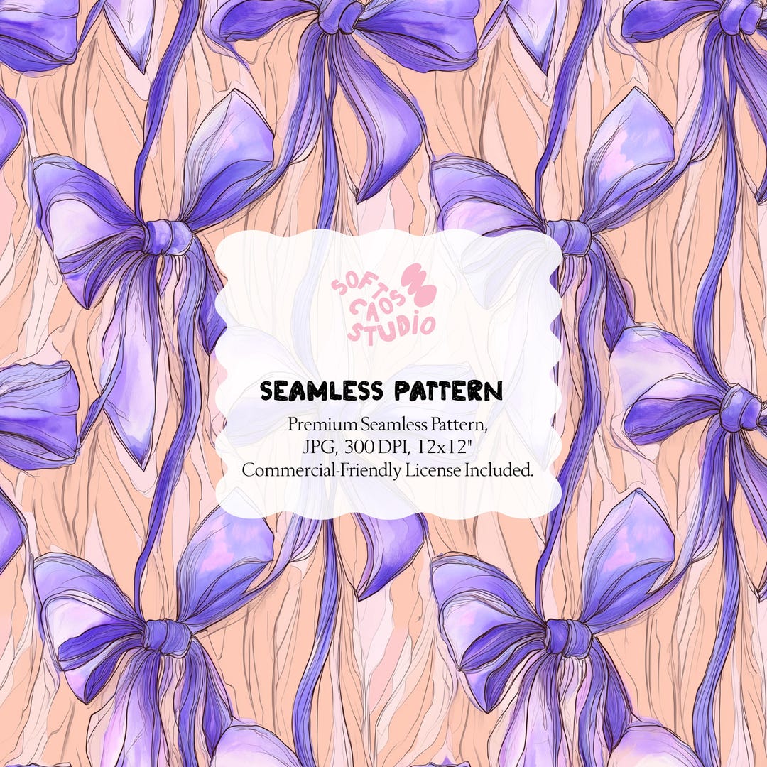 Purple Bow Seamless Pattern, Coquette Ribbon Digital Paper, Hand Drawn ...