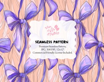 Purple Bow Seamless Pattern, Coquette Ribbon Digital Paper, Hand Drawn Girly Repeat Print, Pastel Fabric Pattern
