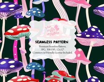 Patrón sin costuras de setas, papel digital de setas coloridas, estampado repetitivo de hongos caprichosos, patrón de tela cottagecore