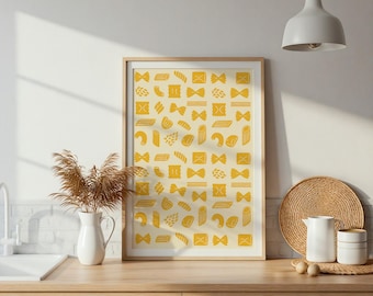 Impresión de formas de pasta amarilla, arte mural de cocina italiana, ilustración gastronómica moderna, decoración de cocina de mediados de siglo, descarga digital
