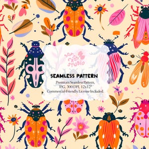 May include: A seamless pattern featuring colorful beetles, flowers, and leaves on a light beige background. The beetles are in shades of orange, pink, blue, and purple. The text "SEAMLESS PATTERN" is visible.