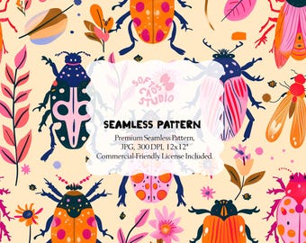 Colorful Beetle Seamless Pattern, Whimsical Insect Digital Paper, Folk Art Bug Repeat Print for Fabric Wallpaper