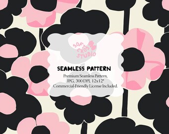 Black Pink Floral Seamless Pattern, Retro Flower Digital Paper, Bold Modern Floral Repeat Pattern for Fabric, Commercial Use JPG