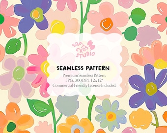Colorful Floral Seamless Pattern Hand Drawn Flowers Cute Botanical Surface Design for Fabric Wallpaper Nursery Decor 12x12” JPG 300DPI