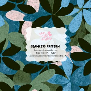 Puede incluir: Un diseño de patrón sin costuras con formas florales abstractas en tonos de azul, rosa, verde y negro. El diseño incluye el texto "SEAMLESS PATTERN" y otros detalles sobre el patrón.
