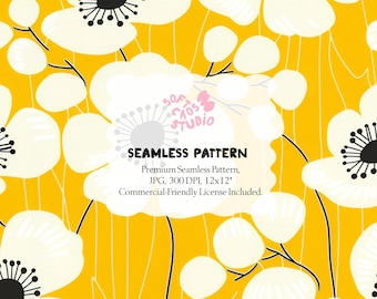 Patrón floral amarillo sin costuras, flores retro blancas sobre fondo mostaza, diseño de superficie moderno de mediados de siglo para tela, 30 x 30 cm, JPG, 300 ppp