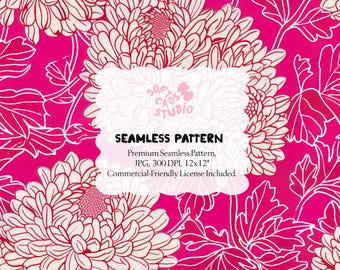 Pink Floral Seamless Pattern, Chrysanthemum Digital Paper, Flower Repeat Print, Bold Botanical Fabric Pattern