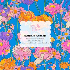 Peut inclure: Un motif sans couture vibrant avec des fleurs stylisées dans des tons de rose, orange, violet et jaune sur un fond bleu vif. Le motif comprend le texte "SEAMLESS PATTERN" et d'autres détails.