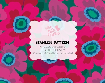 Bold Floral Seamless Pattern, Retro Pop Flower Repeat, Bright Pink and Teal Botanical Fabric, Statement Textile Design, POD Craft Paper