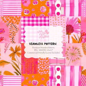 Motivo patchwork floreale rosa senza cuciture, carta digitale collage a quadretti, motivo trapuntato retrò, stampa mista arancione e rosa