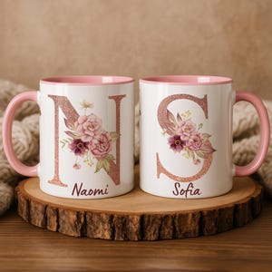Personalized Pink Floral Initial Mug | Custom Name Mug | Gift for Mom, Women or Girls | Ceramic Coffee Mug with Letter