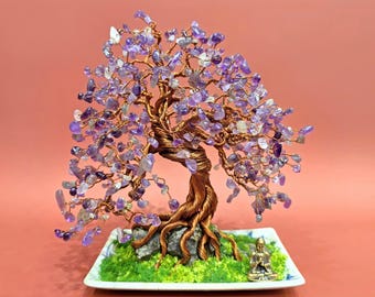 Sculpture d'arbre bonsaï en cristal d'améthyste : Arbre de vie décoratif en fil de cuivre