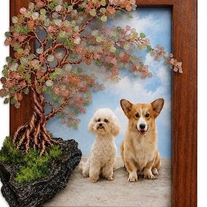 May include: A framed 3D wall art piece featuring a wire-wrapped tree with pink and green gemstone leaves, a dark textured base, and a printed background of a white poodle and a tan corgi. A brass plaque at the bottom reads DOLLAR & HAPPY 2018 - 2024.