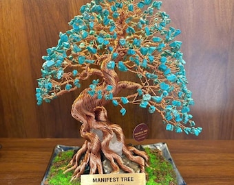 Sculpture d'arbre bonsaï en pierre turquoise : Arbre de vie décoratif en fil de cuivre