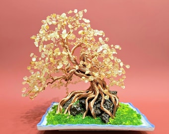 Bonsaï en cristal de citrine : Sculpture en fil de cuivre, Décoration de bureau