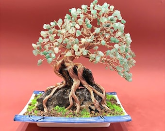 Grüner Jade Kristall Bonsai Baum: Kupfer Baum des Lebens Schreibtisch Dekoration