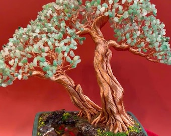 Escultura de árbol bonsái de cristal de jade verde con pez koi: Árbol de la vida de alambre