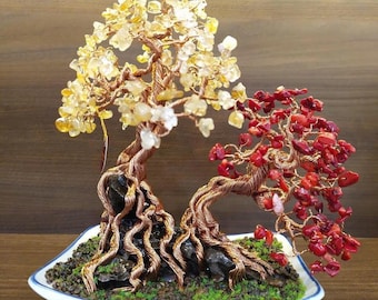 Weihnachts-Kristall Bonsai Baum Skulptur: Kupfer Draht Edelstein Baum des Lebens Schreibtisch Dekoration