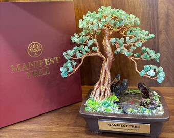 グリーンジェイド宝石の生命の樹の彫刻：銅線鯉の装飾