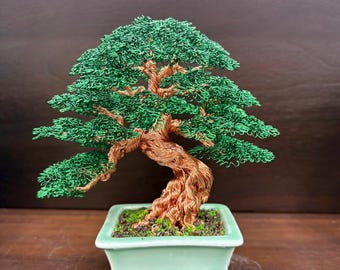 Handmade Copper Bonsai Tree Sculpture: Tree of Life in Square Pot