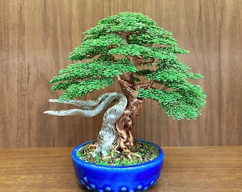 Green Copper Wire Bonsai Tree Sculpture: Handmade Desk Decor