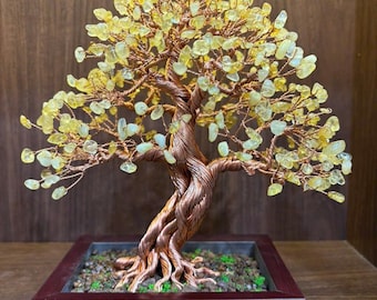 Handgefertigter Citrin Kristall Kupfer Bonsai Baum: Wohlstand Stein Skulptur