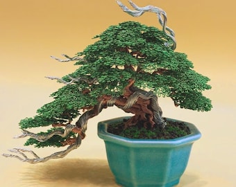 Green Copper Wire Bonsai Tree Sculpture: Handmade Desk Decor