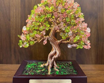 Peridot Rose Quartz  Bonsai Tree Sculpture: Copper Wire Tree of Life Decor