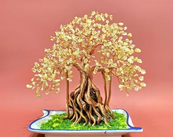Sculpture d'arbre bonsaï en cristal de citrine : Arbre de vie en fil de cuivre