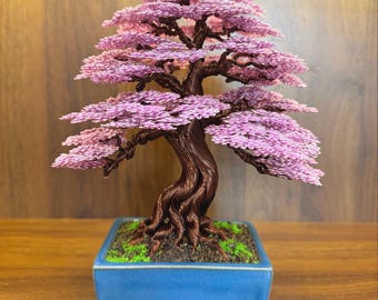 Bonsái de alambre rosa - Escultura de árbol de cerezo en flor (Sakura) - Decoración de escritorio - Árbol de la suerte de las 4 estaciones