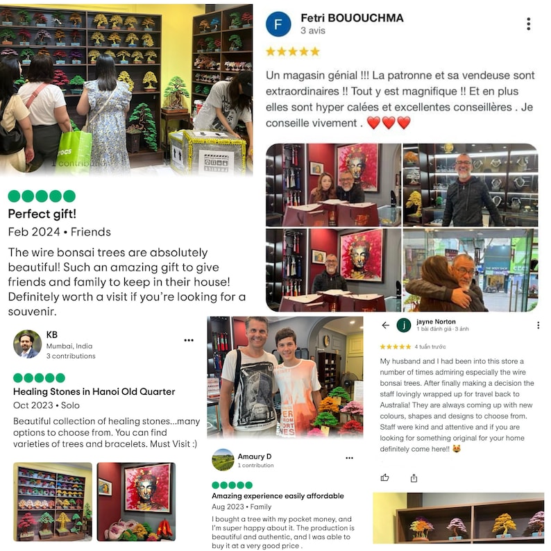 May include: A shop interior with a display of wire bonsai trees in various colors. Customers browse the selection, and there are customer reviews with text. The shop also sells healing stones and art.