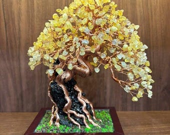 Handgefertigter Citrin Kristall Kupfer Bonsai Baum: Wohlstand Stein Skulptur