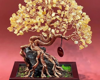 Citrine Crystal Bonsai Tree Sculpture: Copper Wire Tree of Life