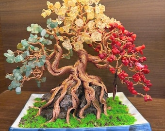 Escultura de árbol bonsái de cristal: Árbol de la vida de alambre de cobre, decoración de escritorio