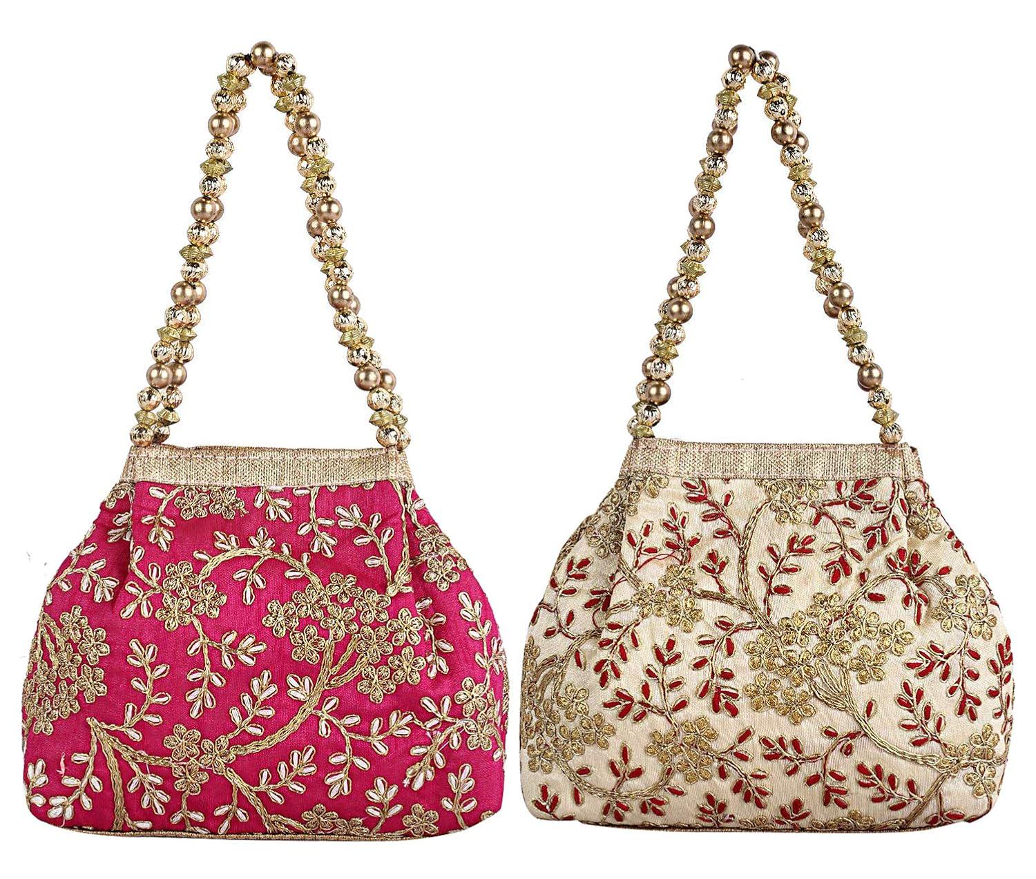 Embroidered Silk Potli Bag Set of 2, Floral Pearl Handle - Pink & Cream