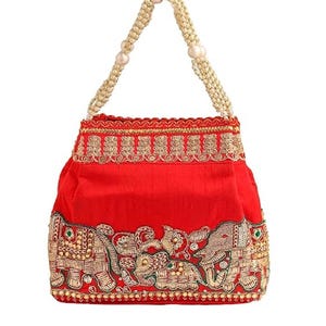 Borsa Potli in seta ricamata: borsa da sposa floreale gialla con manico in perla