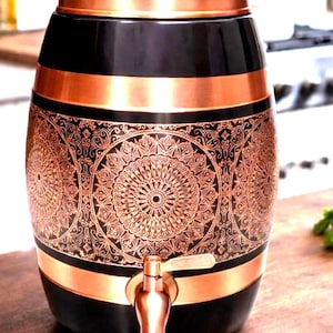 Pure Copper Water Dispenser Pot: Hammered 5L Ayurvedic Vessel with Embossed Design