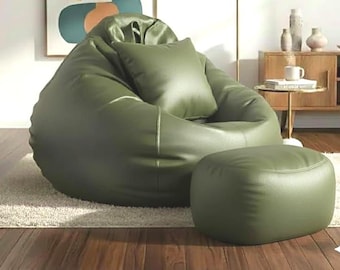 Olive Green Faux Leather Bean Bag Cover with Footrest and Cushion (No Filling)