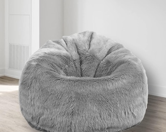 XXXL グレー ファー ビーズクッションカバー：ラウンジチェア、ホームデコレーション用カバーのみ