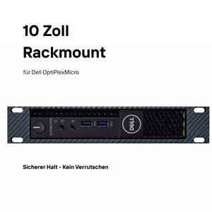 Könnte beinhalten: Ein schwarzes Rackmount für ein Dell OptiPlexMicro mit dem Text "10 Zoll Rackmount". Das Rackmount hat ein Dell-Logo und zwei USB-Anschlüsse. Der Text "Sicherer Halt - Kein Verrutschen" ist ebenfalls sichtbar.