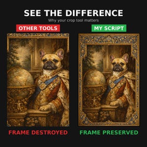 Può includere: Un'immagine comparativa di due ritratti incorniciati di un bulldog francese in abiti regali. L'immagine a sinistra, etichettata "OTHER TOOLS", mostra una cornice danneggiata, mentre quella a destra, etichettata "MY SCRIPT", conserva la cornice. Il testo in alto recita "SEE THE DIFFERENCE".